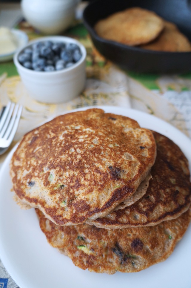 Whole Grain Zucchini Bread Pancakes with Blueberries | Breaking Bland Eats